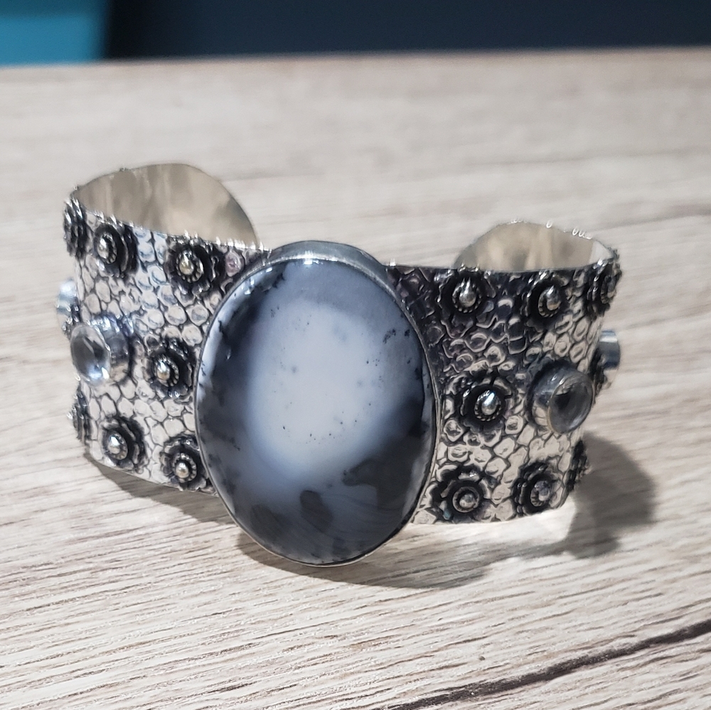 Opal bracelet, dendritic opal, 925 silver, cuff opal bracelet - Picture 10 of 13